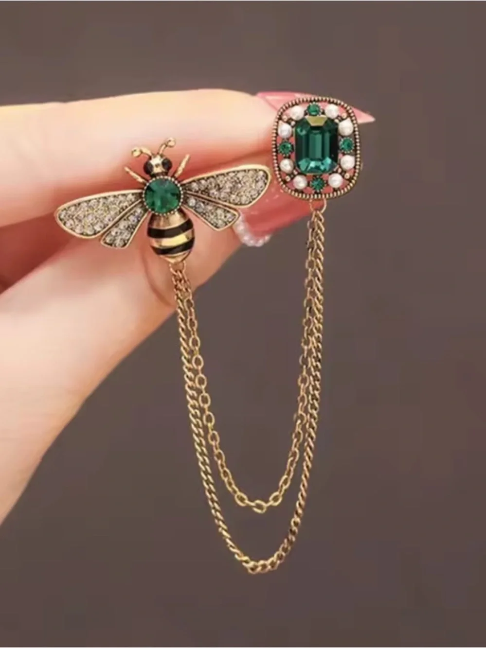 Gold Bee Chain Brooch with Emerald Green